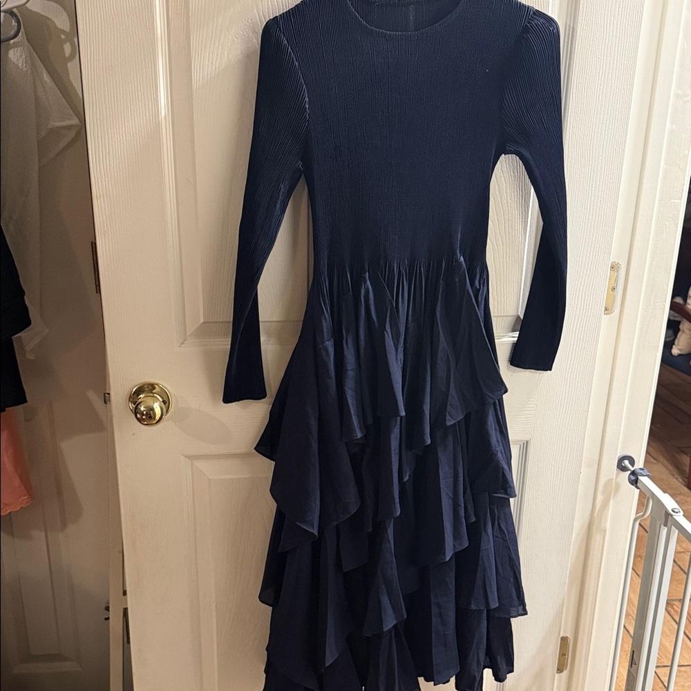 Navy Long-Sleeve Ruffle Tiered Midi Dress